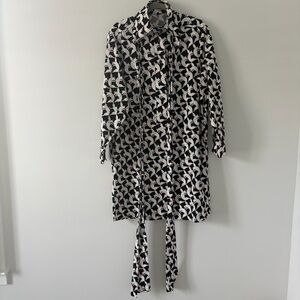 See By Chloe Black White Fox Print Long Sleeve Tie Neck Cotton Shirt Dress 6